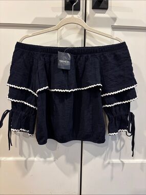 Forever 21 Navy Off-Shoulder Ruffle Top with White Trim